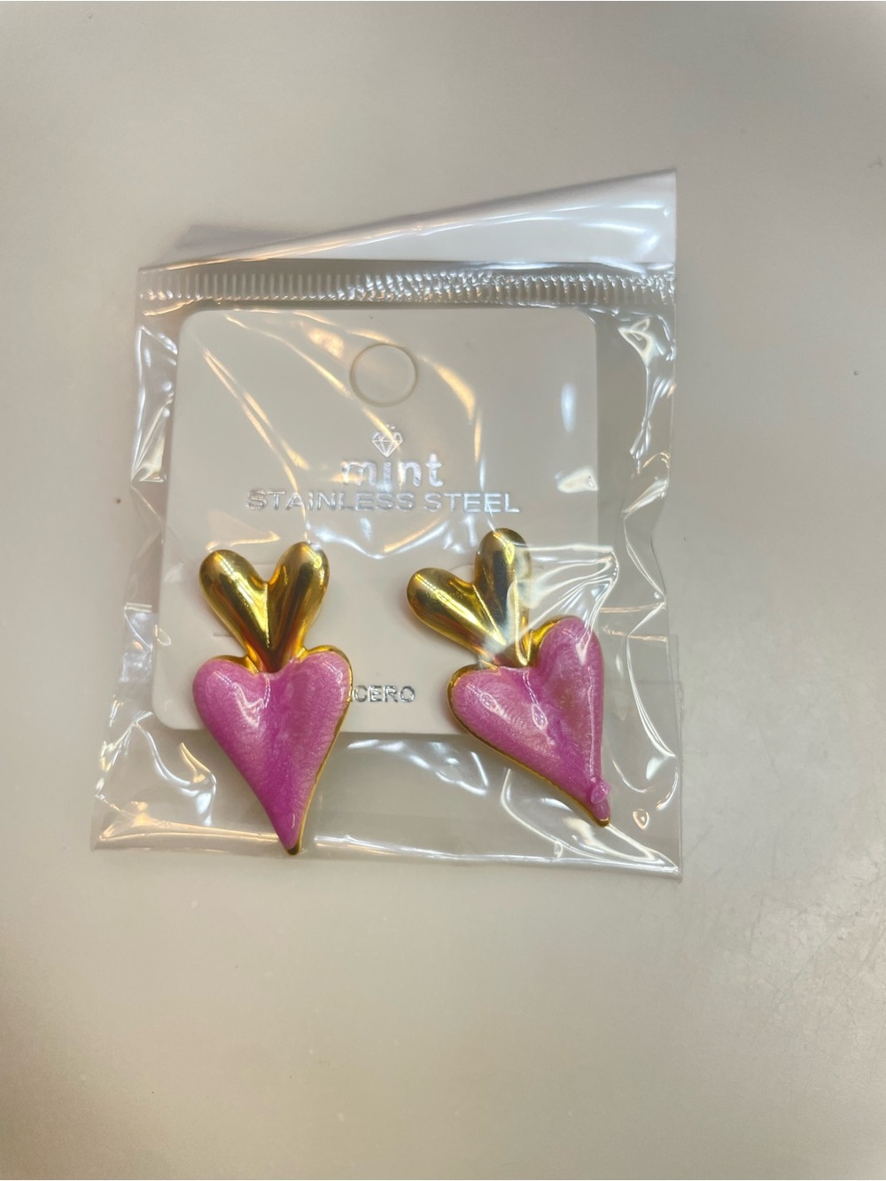Mint Pink & Gold Heart Drop Stainless Steel Earrings